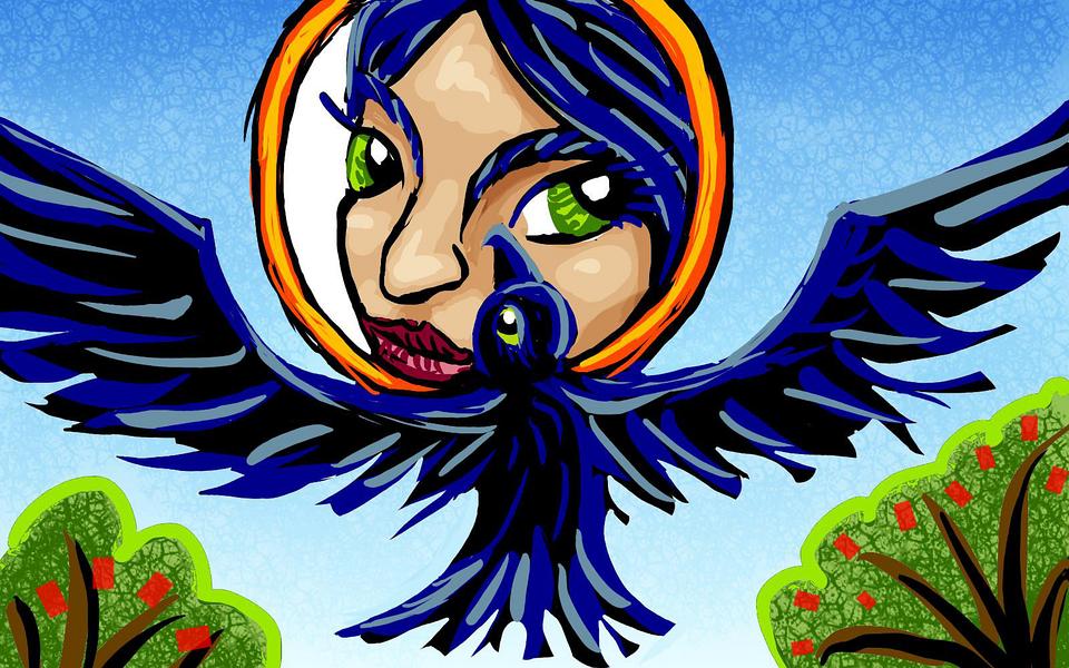 A flying raven peers at the human face reflected in a floating mirror. Her? Dream sketch by Wayan. Click to enlarge.