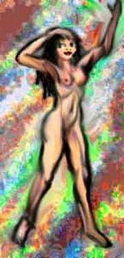 Small stained-glass window of nude dancer standing in 4th, en pointe. Dream sketch by Wayan; click to enlarge.