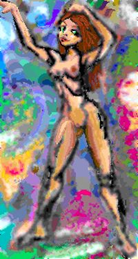 Small stained-glass window of nude dancer standing in 4th, en pointe. Dream sketch by Wayan. Click to enlarge.