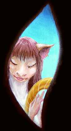 Razi, a deer-girl with large pointed ears, closing her eyes to play playing a small golden spiral harp. Click to enlarge.