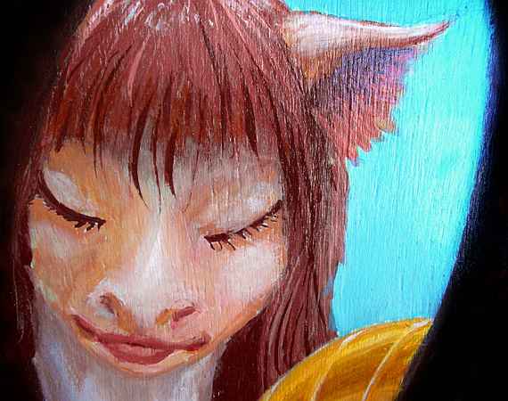 Acrylic on wood: close-up of a face. Razi, a woman of deerish ancestry, with large pointed ears, wide-set eyes and nostrils, and a reddish mane. Eyes shut, playing her harp. CLICK TO ENLARGE.