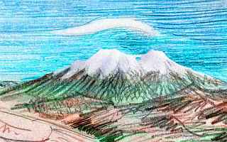 Sketch of Mt Shasta badly eroded, 20,000 years in the future: twin snowcapped volcanic cones with a natural arch between
