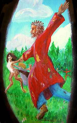 Line of figures in a meadow playing 'crack the whip'; at the whip-tip is a red-robed bearded man, in the foreground. Click to enlarge.