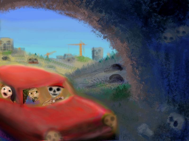 Mao, our cab driver, steers us into caves with skulls. Dream sketch by Wayan.