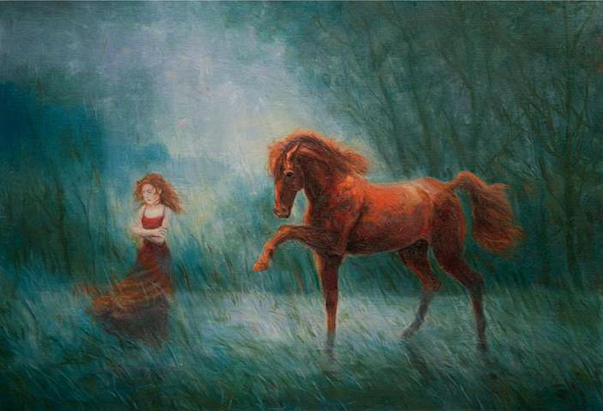 Woman and red horse in glade; dream painting by Katherine Kean.