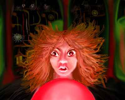 A dark lab. Greenish tanks in background. Orange-haired girl's horrified face lit by a red sphere in front of her. Dream by Madeline. Image by Wayan, probably not very accurate.
