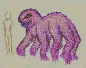 Sketch by Madeline of a dream monster seen on a street in New York: about 1.8 meters at the shoulder, purple, eight legs, meter-wide jaws.