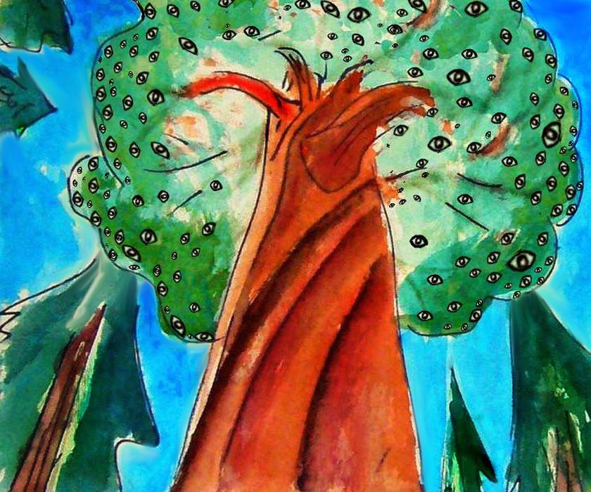 Redwood tree with 1000 eyes. Dream sketch by Wayan. Click to enlarge.