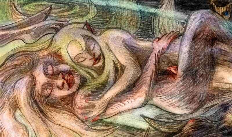 Tinted pencil drawing of a dream, 'Reflections in the Pool': in a glowing pool at the heart of a maze, I made love to a mermaid.