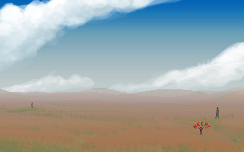 Sketch of a dream by Chris Wayan: digital sketch of Great Basin sagebrush hills and flats. In foreground a child yells 'HELP!' Two adults walk separately away.