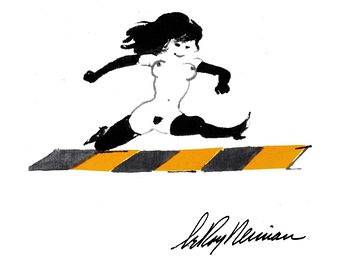The Femlin, a female gremlin, leaping a hurdle; cartoon by LeRoy Neiman. Click to enlarge.