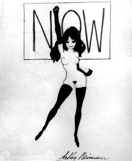The Femlin, an exhibitionist female gremlin, with a NOW sign; cartoon by LeRoy Neiman. Click to enlarge.