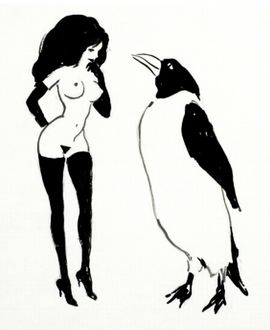 The Femlin, an exhibitionist female gremlin, with a penguin; cartoon by LeRoy Neiman. Click to enlarge.