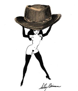 The Femlin, an exhibitionist female gremlin with a bowler hat; cartoon by LeRoy Neiman. Click to enlarge.