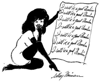 The Femlin, an exhibitionist female gremlin, resolving to be good; cartoon by LeRoy Neiman. Click to enlarge.