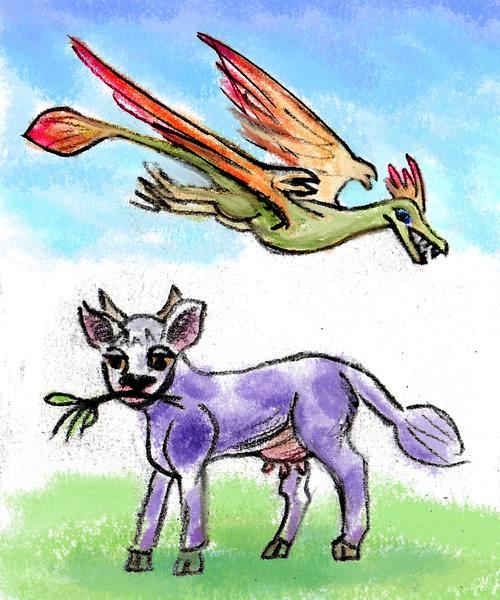 Cartoon of a rhamphorhynchus flying over a purple cow. Because why not.