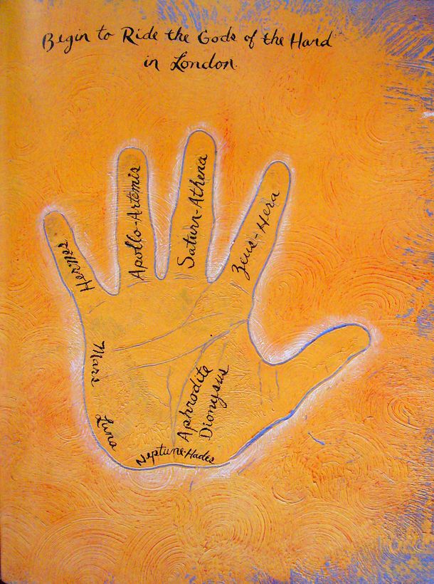 Hand covered in names of Greek gods; dream painting by Larry Vigon.