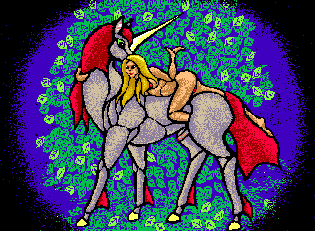 girl on unicorn's back, playing with his tail (and other things) with her toes