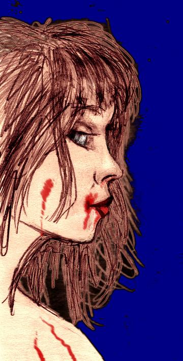 Girl with bloody face from eating near-raw meat. Dream sketch by Wayan. Click to enlarge.