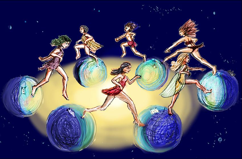 Six women in rags jump between six alternate Earths. Dream sketch by Wayan. Click to enlarge.