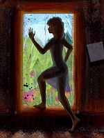 Girl escapes a dark cellar, stepping through a dirty glass window as if it's air. Dream sketch by Wayan. Click for dream.
