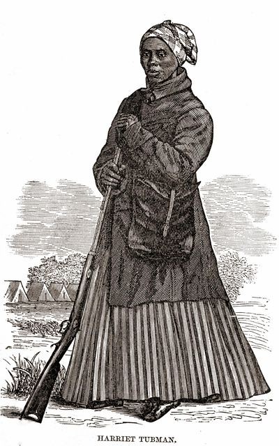 Harriet Tubman with rifle; halftone from ink drawing.
