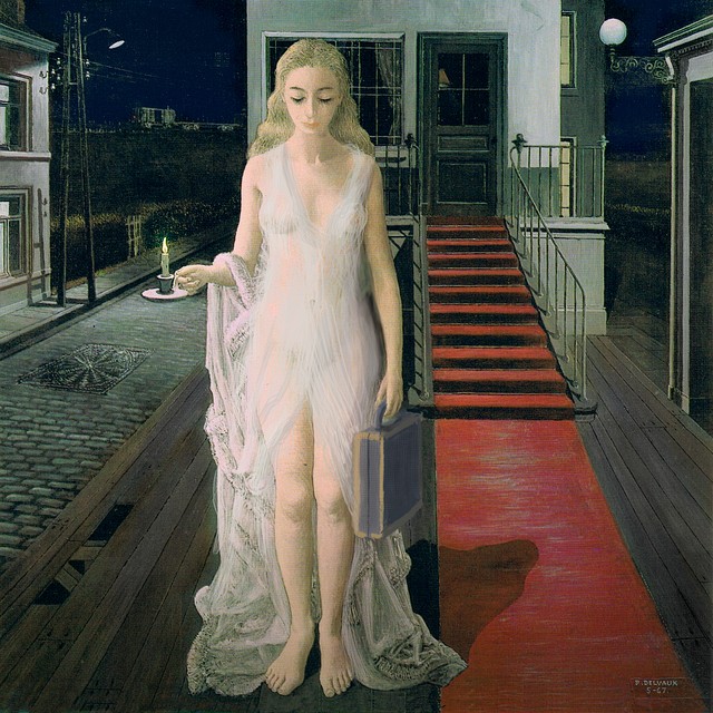 Blonde in gauze nightgown brings a mysterious suitcase to my door. Paul Delvaux painting 'Chrysis' altered to illustrate a dream by Wayan. Click to enlarge.