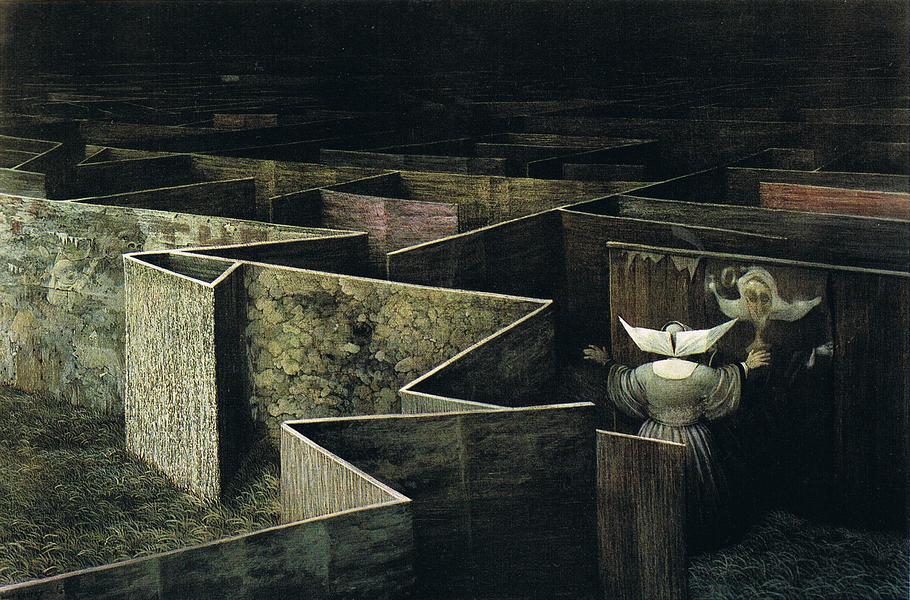 Robert Vickrey's tempera 'The Labyrinth'--a nun in a surreal maze. Click to enlarge.