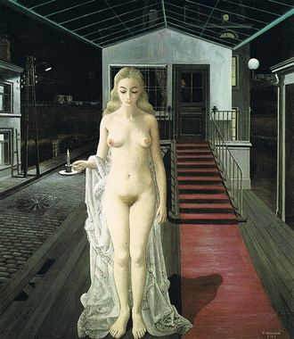 'Chrysis', painted by Paul Delvaux, 1967: night, a train station, nude sleepwalker with a candle. Click to enlarge.
