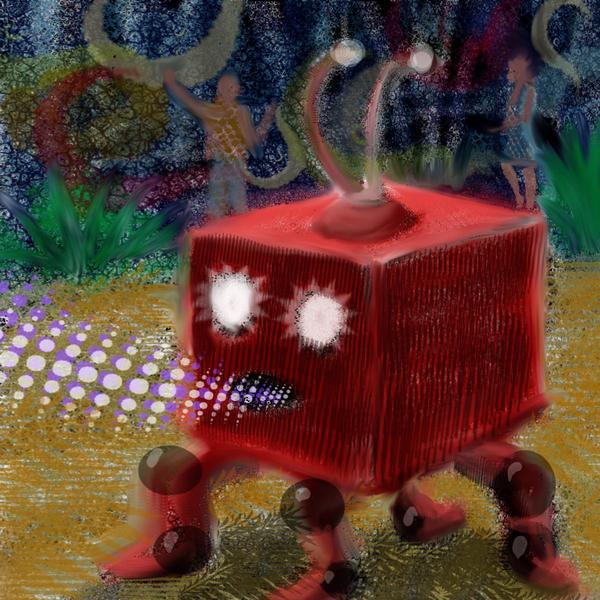 A squat red cubical robot who likes to nag. Dream sketch by Wayan. Click to enlarge.