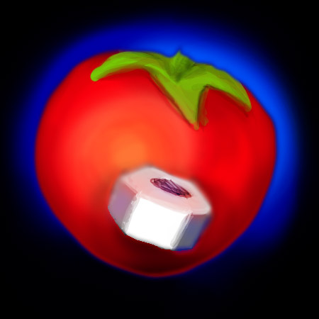 Dream image: a ripe tomato and a hex nut floating in a void of midnight blue