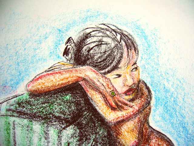 Crayon of an Asian girl leaning on a green sofa arm, looking sidelong to right