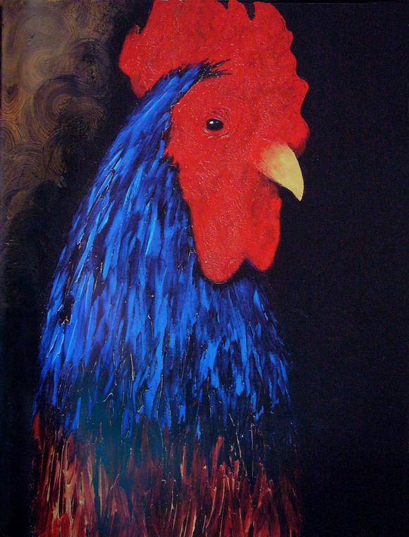 Rooster with blue neck. Dream painting by Larry Vigon.