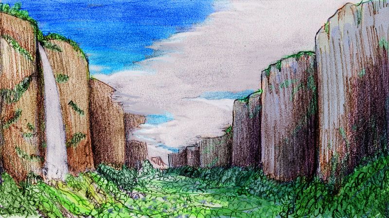 A canyon in the Roraima massive; jungle, cliffs, mist, a high waterfall on left. Dream sketch by Wayan. Click to enlarge.