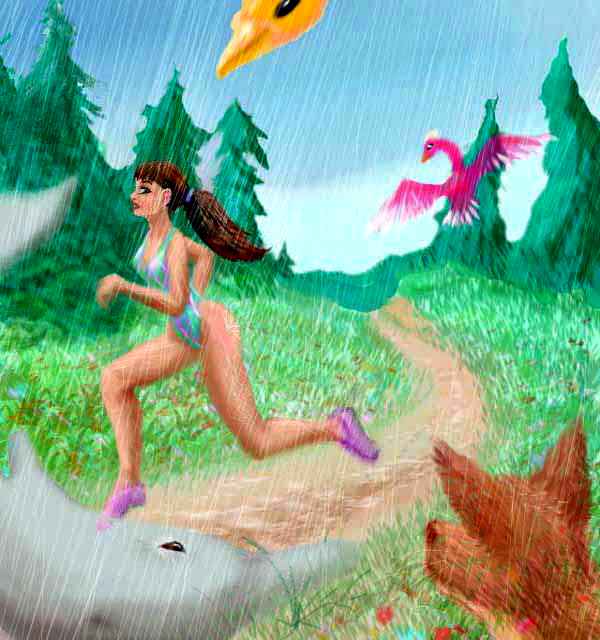 A Japanese high-school track-star running in the rain, who meets spirits on the path, including an air-porpoise.