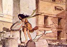 Watercolor of a skinny girl in thin clothes who rummages in a trashcan, in the wind. Detail from a comic titled Exit/In, by William N. McPheeters, in Heavy Metal, 1979.