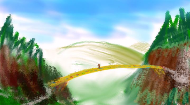 Sketch of a dream by Wayan: bridge over wooded gorge.