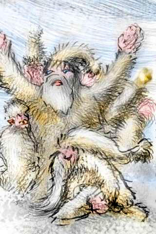 Sketch of a dream by Wayan: guys in Santa Claus beards and hats (but furry and white, not red) in a blizzard, ringing Santa bells and waving their arms.