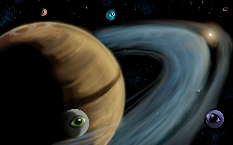 Saturn has moons with eyes; dream sketch by Wayan. Click to enlarge.