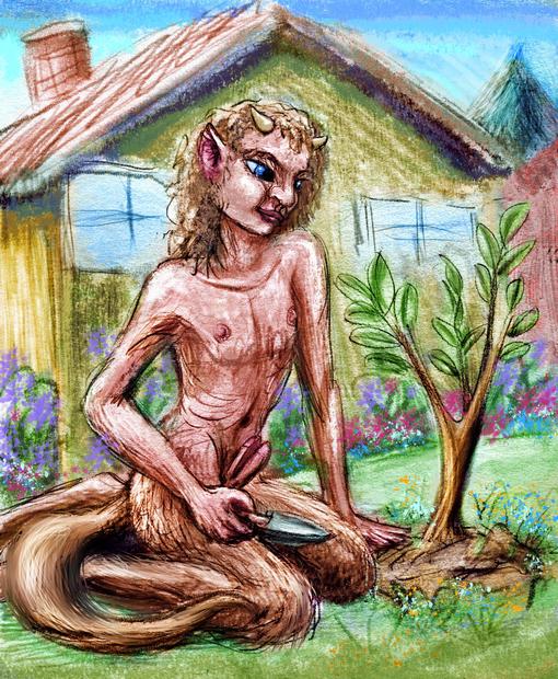 Satyr planting a small tree. Dream sketch by Wayan. Click to enlarge.