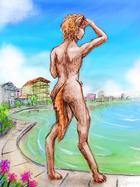 Satyr on a promenade just an inch above a high tide. Dream sketch by Wayan. Click to enlarge.