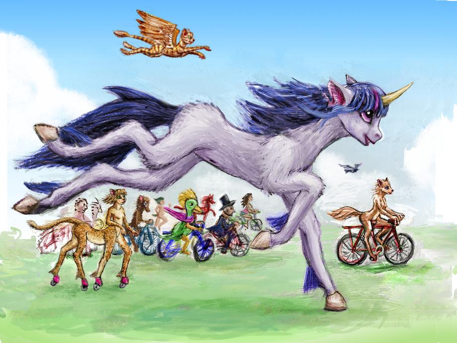 Purple unicorn Twilight Sparkle in a parade of diverse species. Dream sketch by Wayan. Click to enlarge.