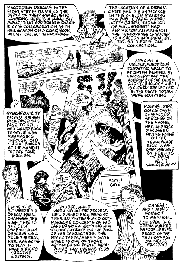 Context of the dream about sculpting a huge horned skull in a park with my friend Neil Gaiman, who names it 'Marvin Gaye'; dream-comic by Rick Veitch. Click to enlarge.