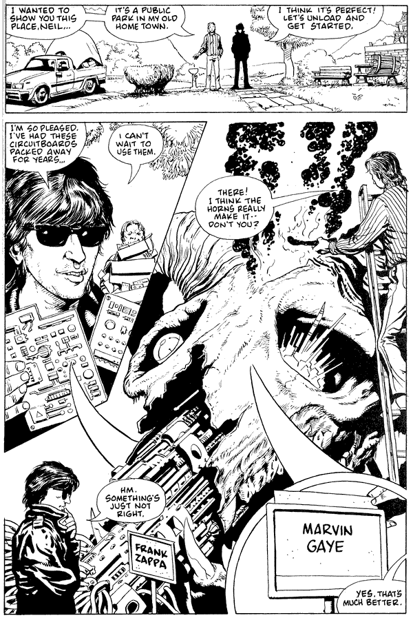 I sculpt a huge horned skull in a park with my friend Neil Gaiman, who names it 'Marvin Gaye'; dream-comic by Rick Veitch. Click to enlarge.