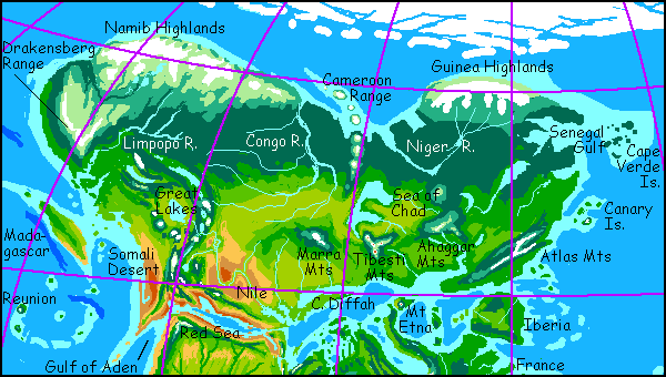 Map of Africa on Seapole, a tilted, warm, flooded Earth. Africa is a cool-temperate continent with prairies and taiga.