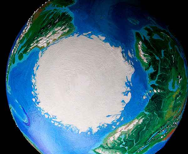 Orbital view of Seapole, a climatologically alternate Earth: North Polar Cap. Africa on right, Brazil upper left.