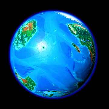 Orbital view of Seapole, a climatologically alternate Earth. Indian Ocean with ice-free Antarctica. Click to enlarge.