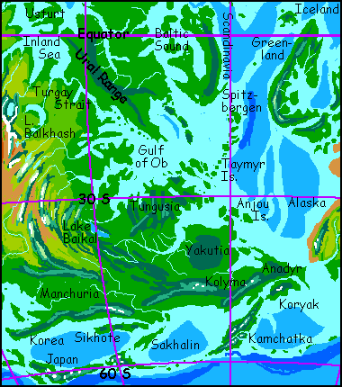 Map of Siberia, a lush region on Seapole, a tilted, flooded, warmer Earth. Click to enlarge.