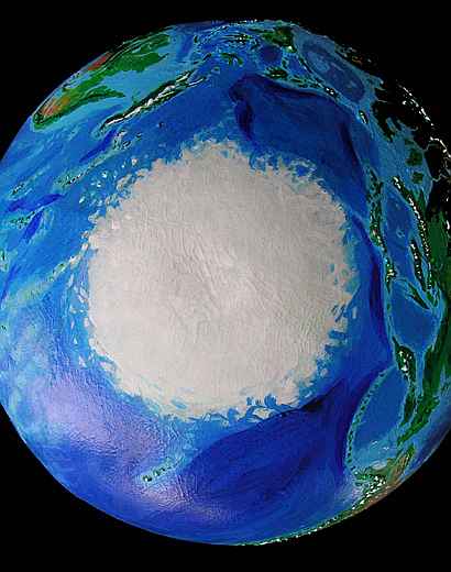 Orbital view of Seapole, a climatologically alternate Earth: the South Polar Icepack, with Japan on right, Hawaii bottom, New Guinea top.