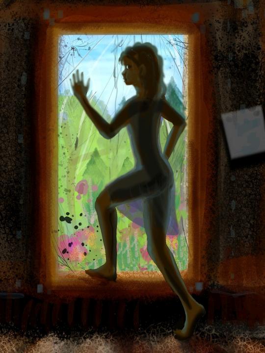 Girl in dark basement steps right through a grimy glass door into a garden. Dream sketch by Wayan. Click to enlarge.